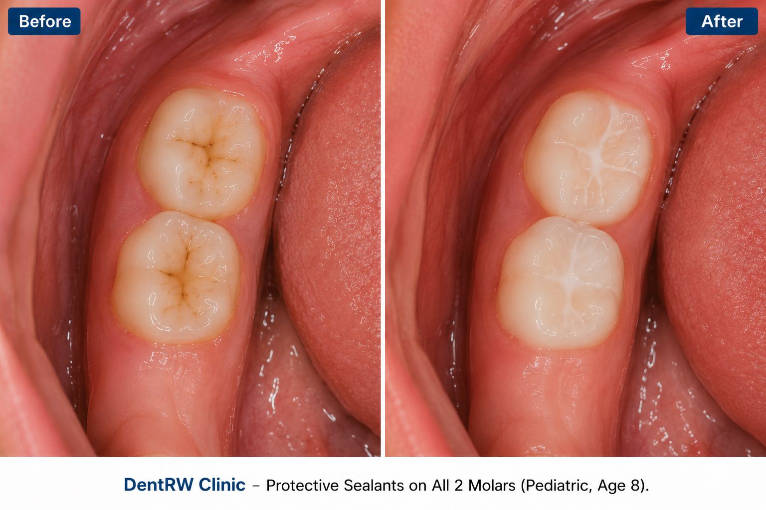 Two child molars before and after sealants, with the dark grooves filled by a pale protective coating